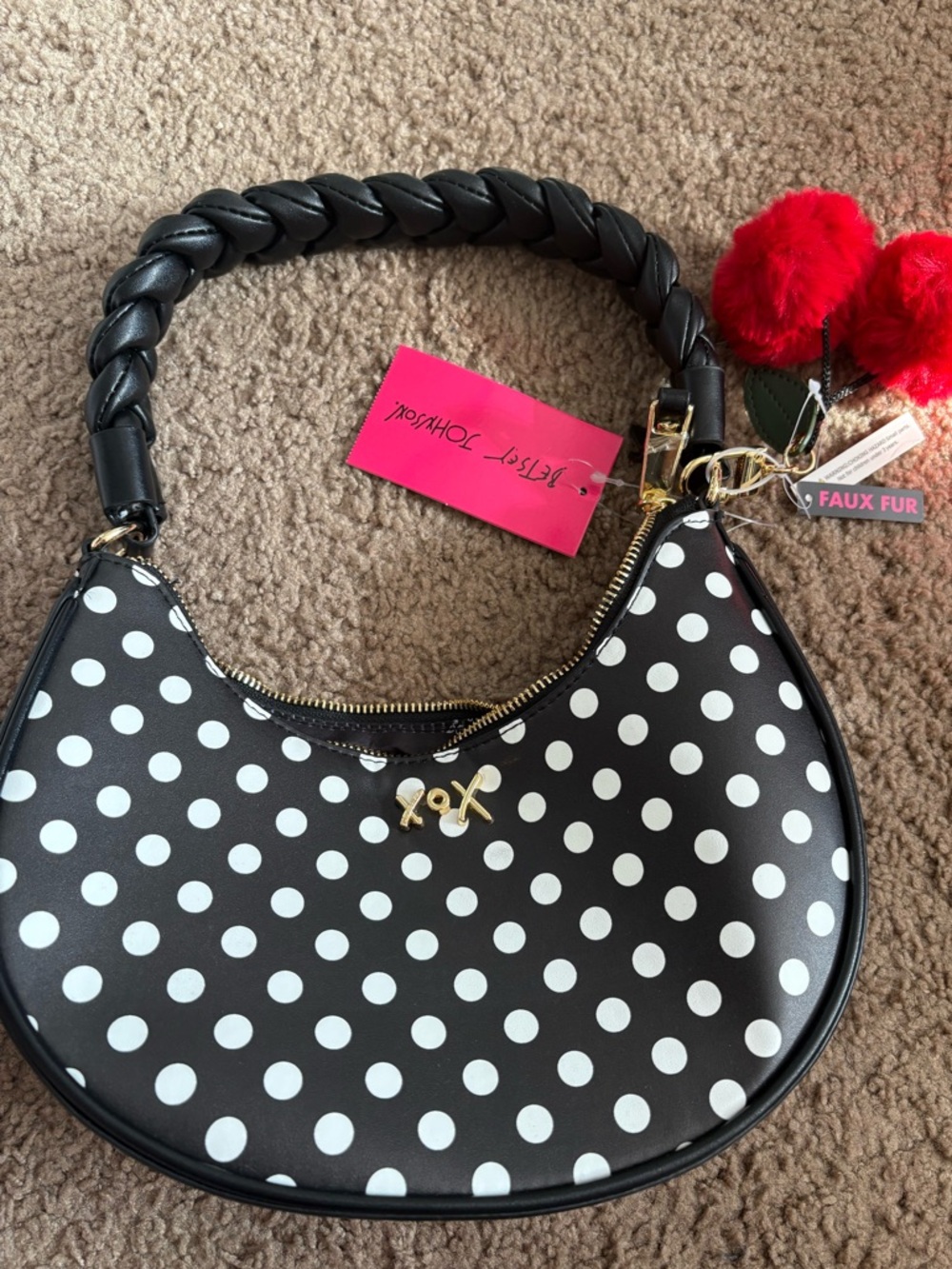 Betsy Johnson Polkadot Purse with Cherry PomPom Keychain - New with Tags